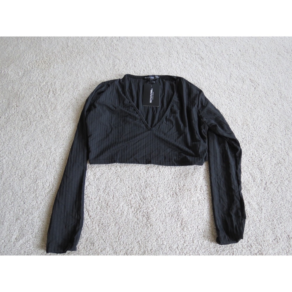 NWT Pretty Little Thing Ribbed Long Sleeve Black Crop Top Size US 14 Large